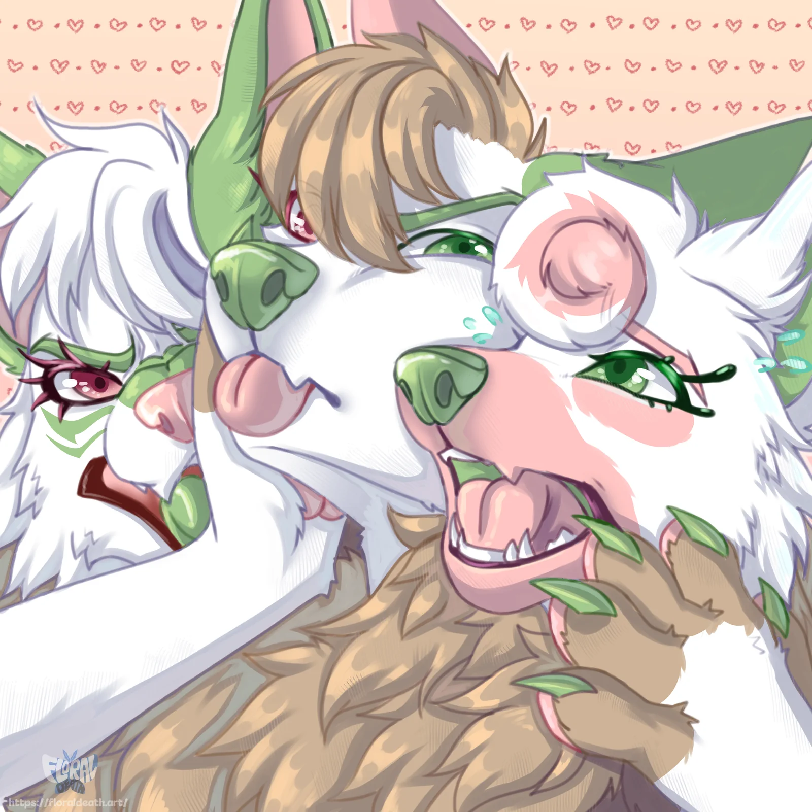 Mitsumi, a three-headed dog with green, brown, and pink accents
